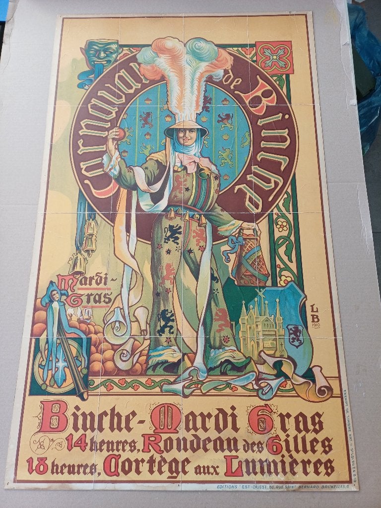 Ancienne affiche du carnaval de Binche Mardi-Gras Gilles, Gesigneerd in de plaat, Ophalen