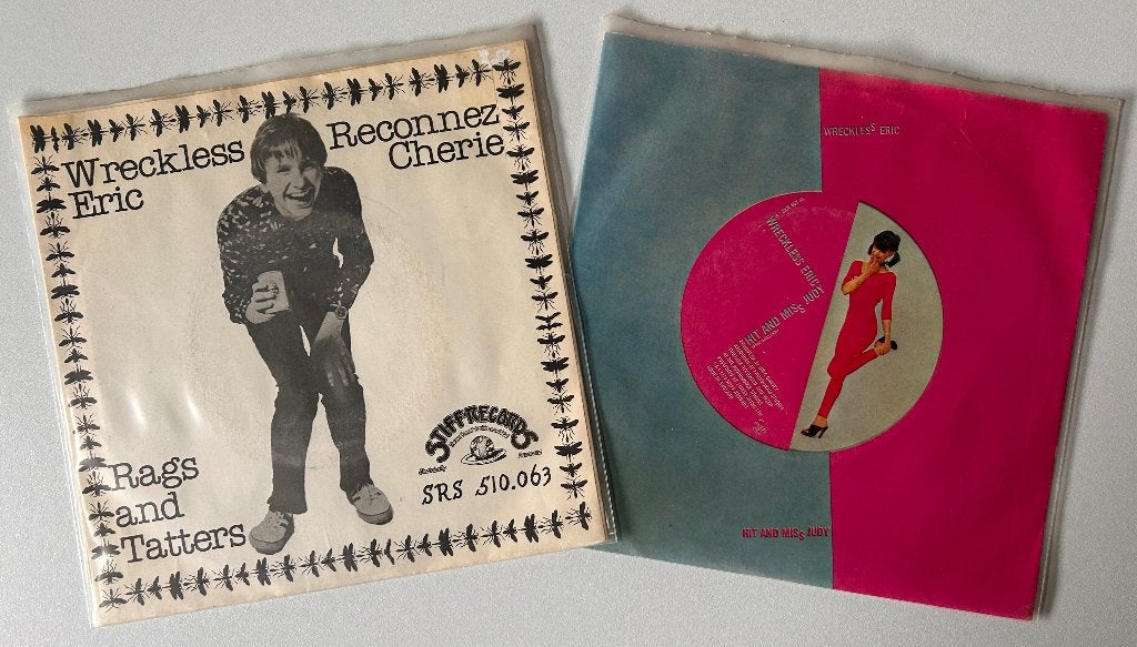 7# Lot: Verzameling van 2 WRECLESS ERIC singles (STIFF), Ophalen of Verzenden, Zo goed als nieuw, 7 inch, Rock en Metal