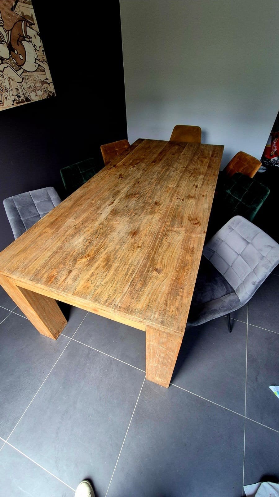 Teak tafel en 6 fluwelen stoelen, Ophalen