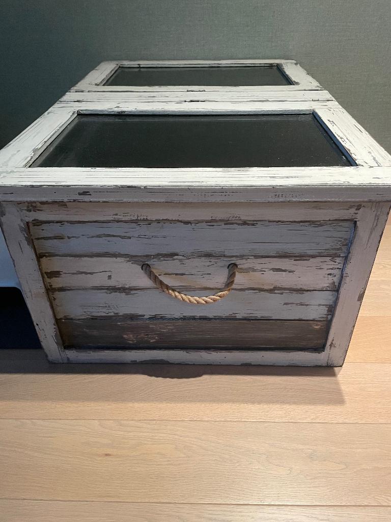 Houten opbergkist/salontafel, Huis en Inrichting, Ophalen, 100 tot 150 cm, Glas, Zo goed als nieuw