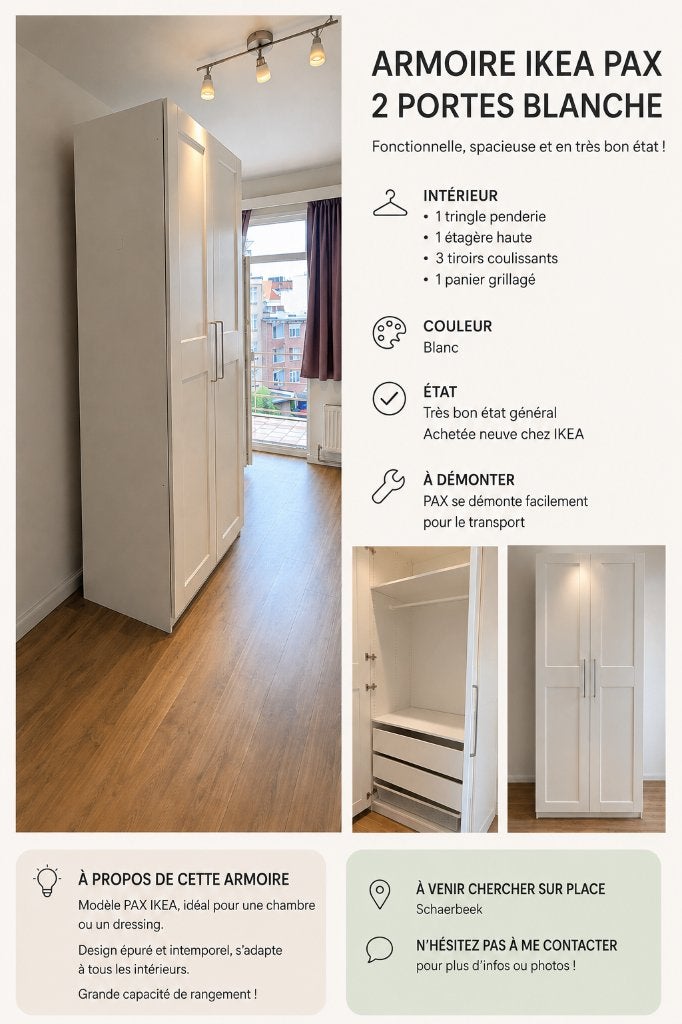 Armoire PAX penderie blanche, Avec tiroir(s), Comme neuf, 50 à 100 cm, 50 à 75 cm