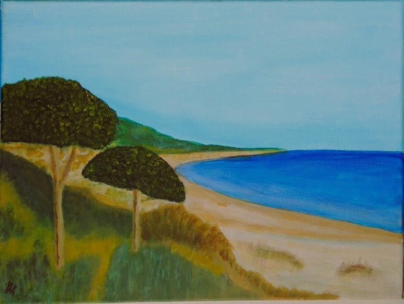 H.K. acryl op doek "Baai en Strand Impressie", Antiek en Kunst, Ophalen