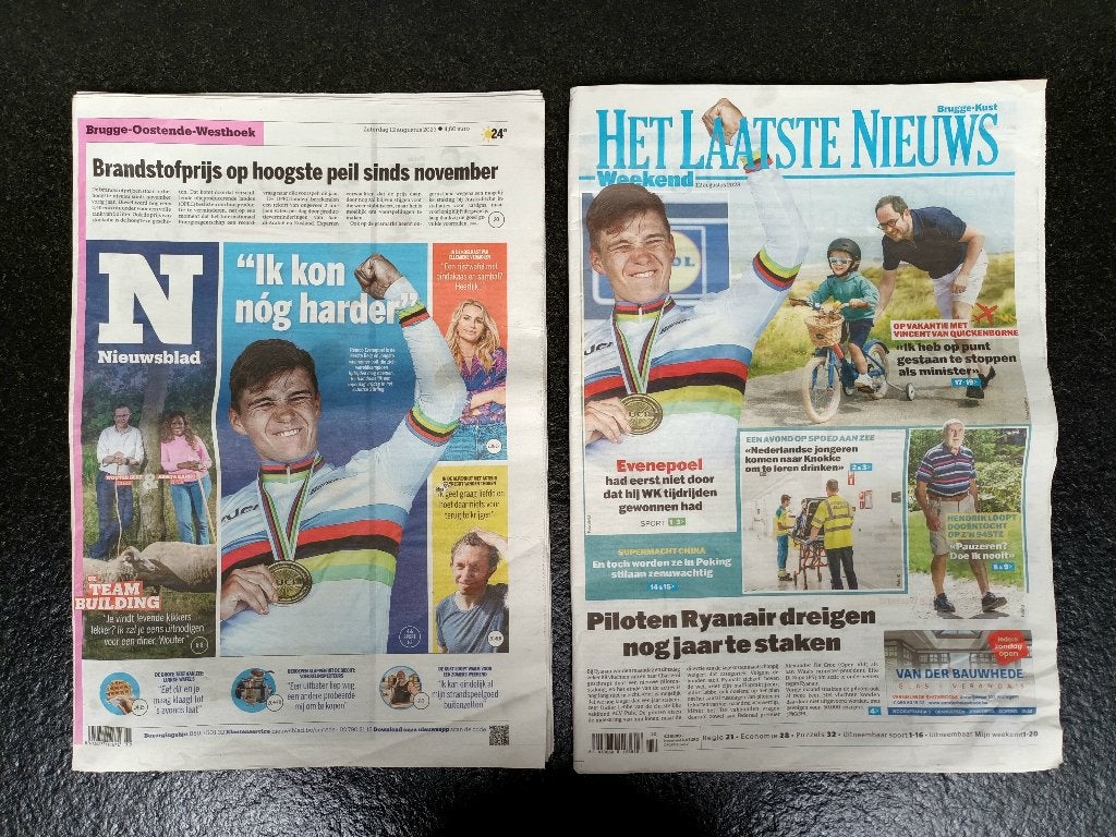 Remco Evenepoel - wereldkampioen tijdrijden 2023 (2 kranten), Verzenden, Zo goed als nieuw, Krant