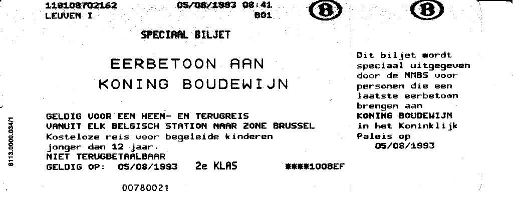 Speciaal treinticket 'Eerbetoon aan Koning Boudewijn'., Ophalen of Verzenden, Nieuw