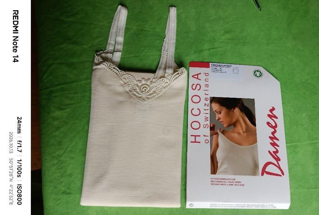 WOLLEN ONDERHEMD DAMES MET ZIJDE MAAT 42 NIEUW, HOCOSA, Ophalen of Verzenden, Beige, Hemd
