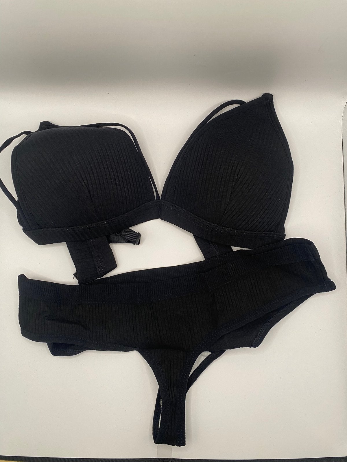 Zwart geribbeld lingeriesetje Maat L, Kleding | Dames, Ondergoed en Lingerie, String, Zwart, Ophalen of Verzenden