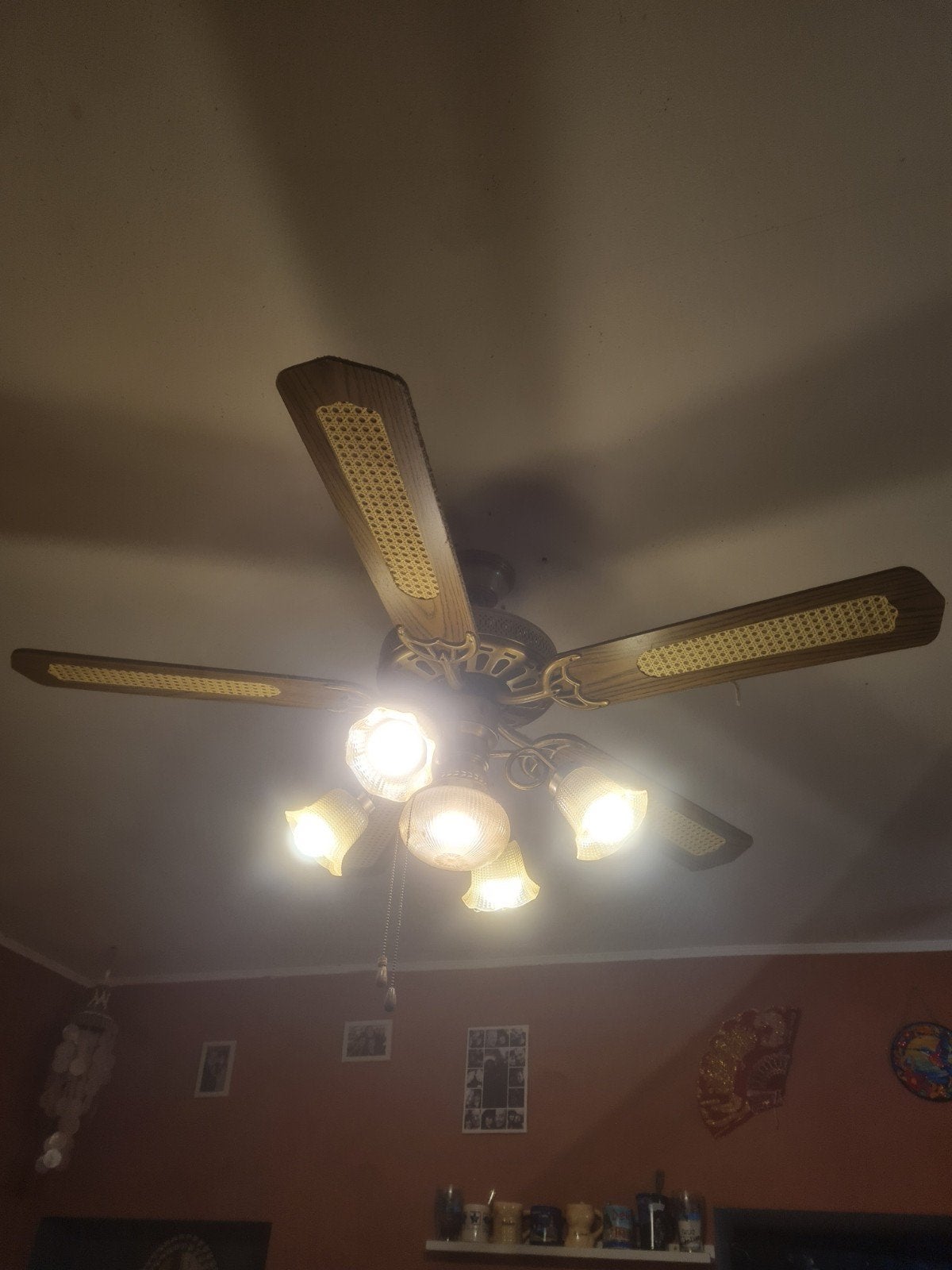 Ventilateur de plafond vintage en bois cannage et laiton ave, Enlèvement, Comme neuf, Verre