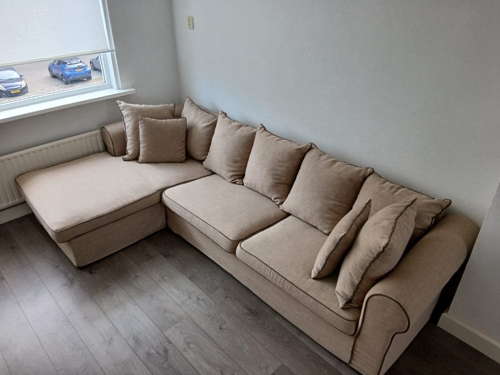 Beige loungebank / hoekbank – Rook- & huisdiervrij, Huis en Inrichting, Ophalen, Zo goed als nieuw, Stof