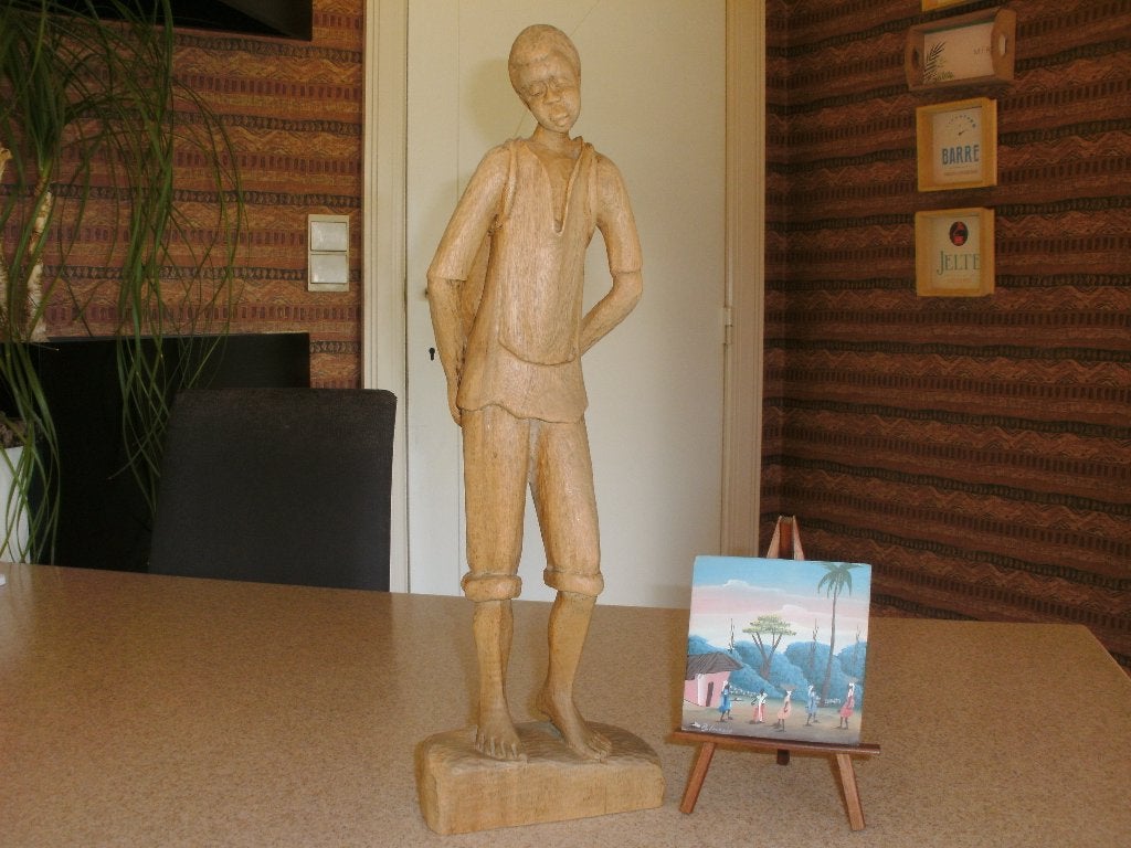 Haïtiaans beeld en schilderijtje, Antiquités & Art, Art | Art non-occidental, Signé, Sculpture, Brun, Bois