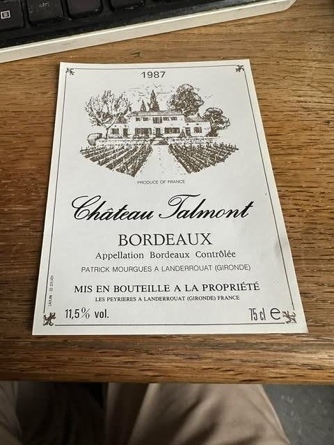 etiket label 1987 chateau Talmont Bordeaux, Frankrijk, Nieuw, Ophalen of Verzenden, Rode wijn
