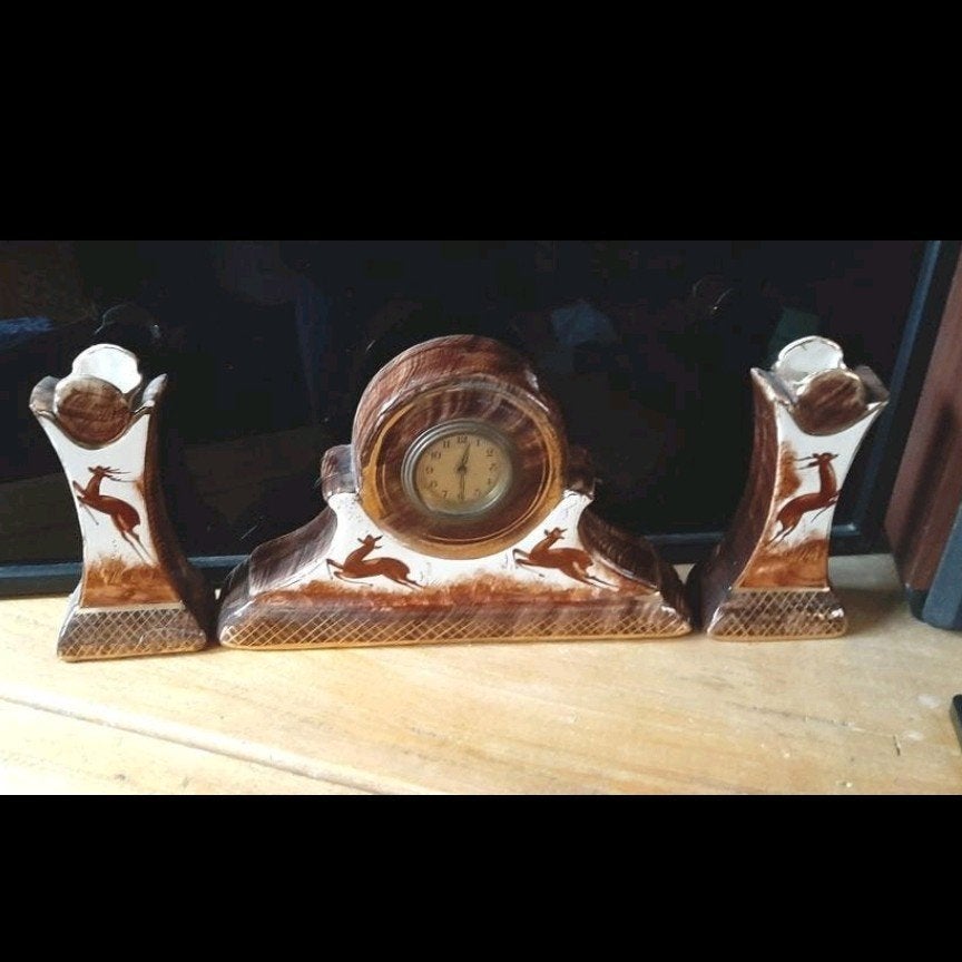 Prachtige antieke Art Deco klok met bijpassende vazen set., Ophalen of Verzenden