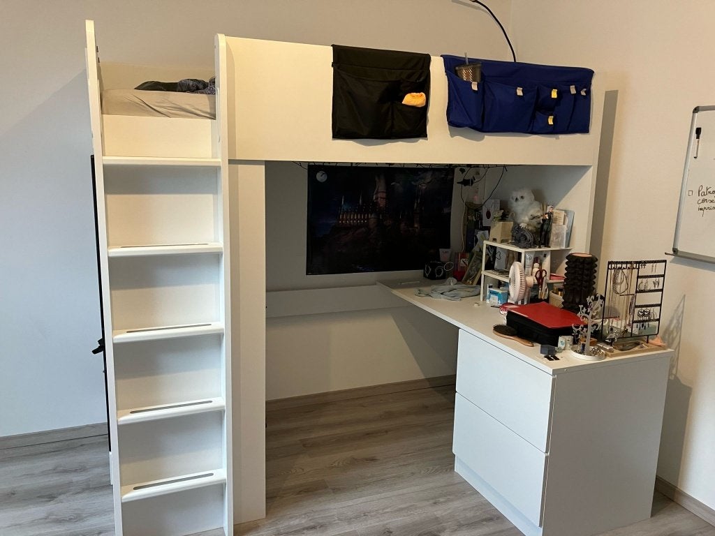 Lit mezzanine blanc et noir avec bureau et penderie, Enlèvement, Comme neuf, Lit mezzanine