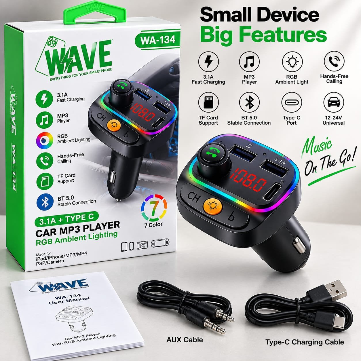 WAVE Car MP3 Player Bluetooth 5.0 – FM & USB, Ophalen of Verzenden, Nieuw, Overige typen