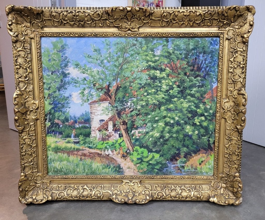 Alfred HAZLEDINE, boerin met kippen bij de hoeve, Ophalen, Doek, Impressionistisch, Gedateerd