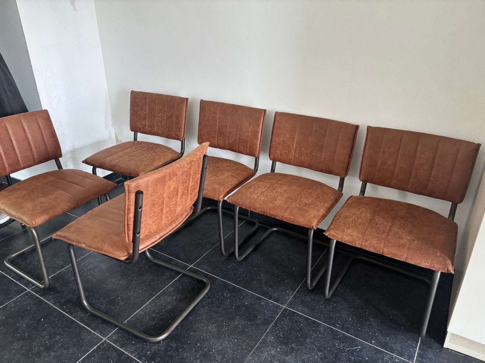 6 eetkamerstoelen leer, Maison & Meubles, Chaises, Enlèvement, Comme neuf, Brun, Cuir