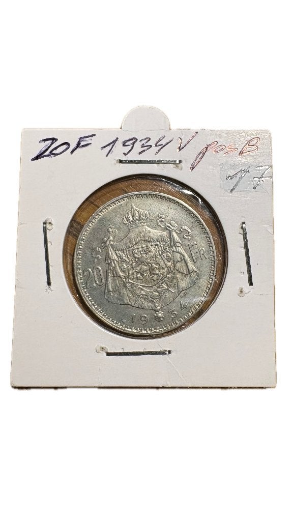 ALBERT I: Zilver 20 FRANCS 1934V Positie B, Postzegels en Munten, Munten | België, Ophalen of Verzenden, Zilver, Zilver