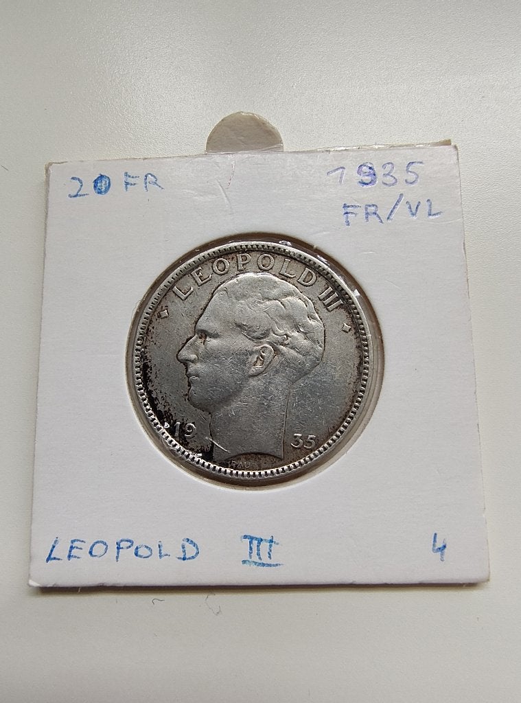 Zilveren Belgische munt 20 Fr. 1935, Zilver, Ophalen of Verzenden, Losse munt, Zilver