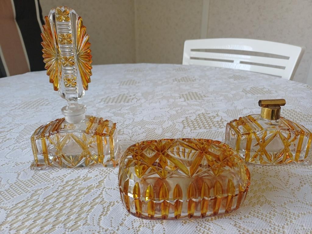 3-delige toiletset in glas met goud, Antiek en Kunst, Ophalen of Verzenden