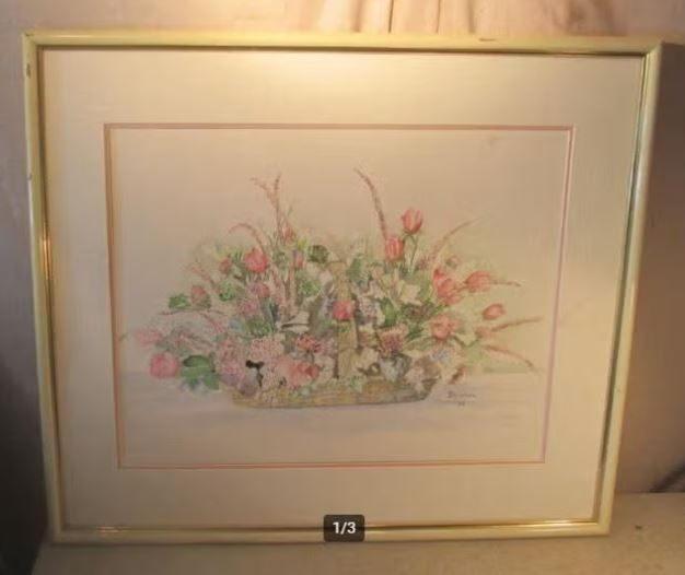 Mooi Geschilderd Aquarel 'Korf met Bloemen' - J Janssen, Ophalen of Verzenden