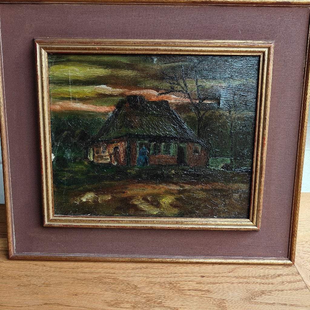 Klassiek schilderij van een boerderij met rieten dak, Antiquités & Art, Art | Peinture | Classique, Enlèvement, Classique, Peint à la main