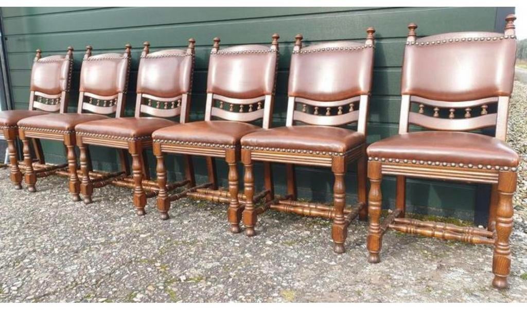 6 klassiek eiken leder eetkamer stoelen, Antiek en Kunst, Antiek | Meubels | Stoelen en Sofa's, Ophalen