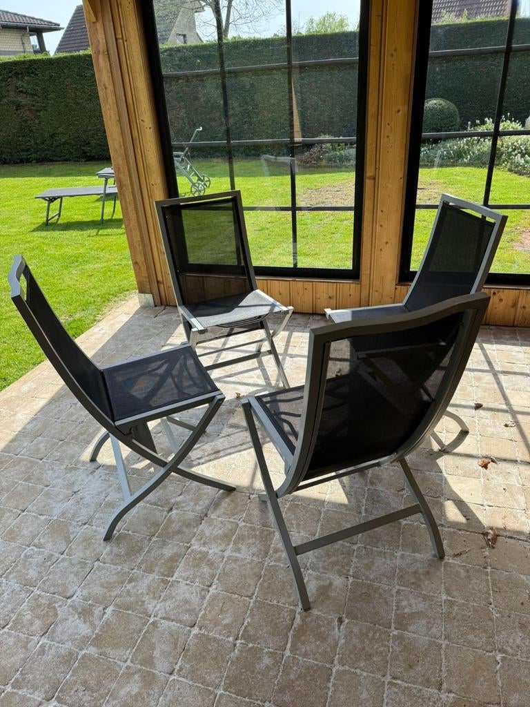 4 aluminium stoelen (+ tafel zonder blad), Tuin en Terras, Ophalen
