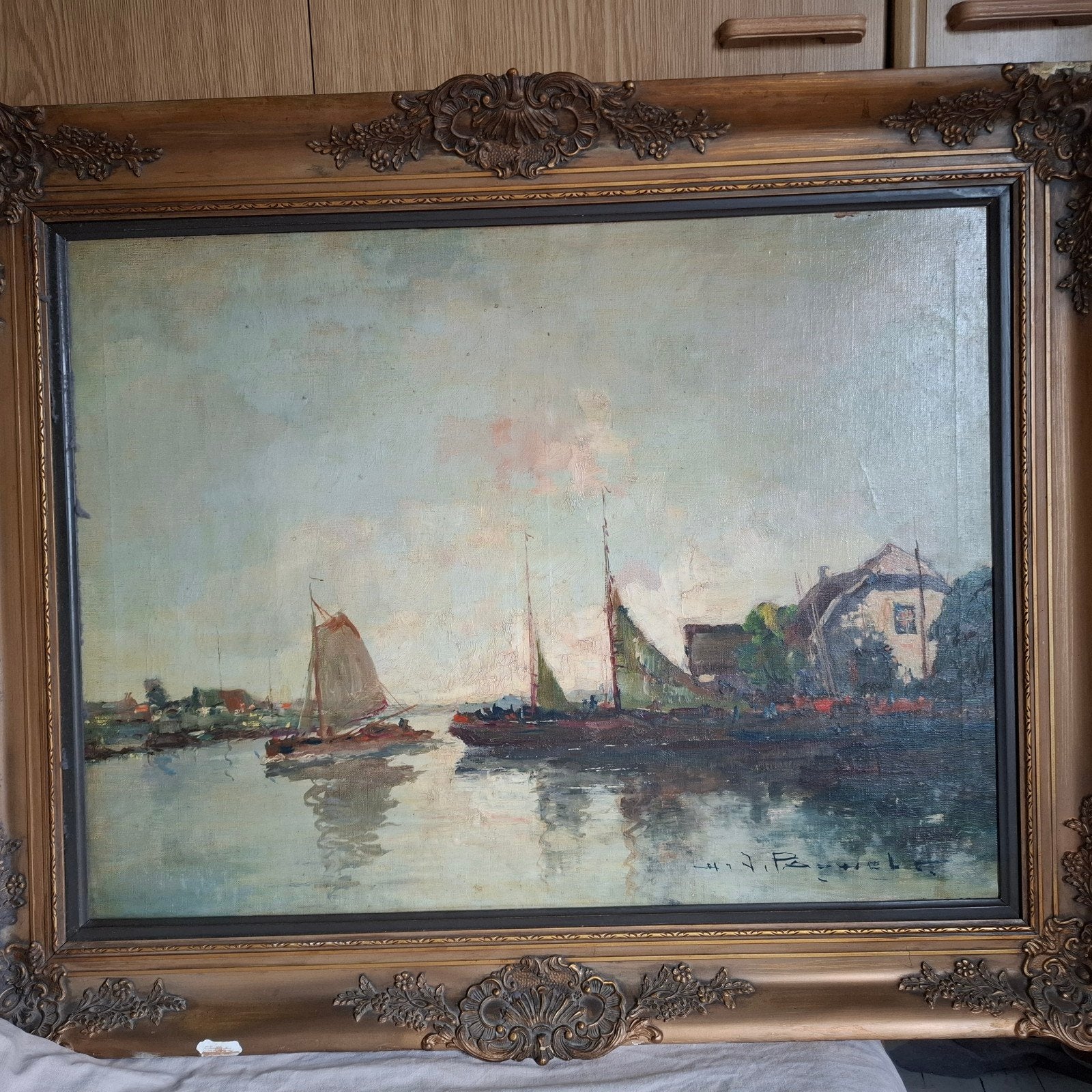 H.J. Pauwels schilderij, Antiek en Kunst, Kunst | Schilderijen | Klassiek, Ophalen, Maritiem / water, Bijzondere lijst, Doek