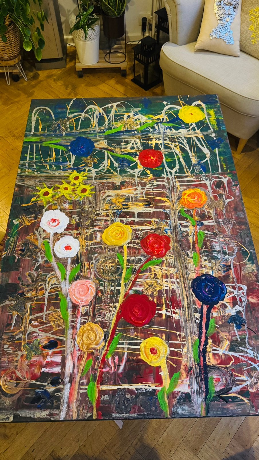 Tableau abstrait fleuri peint à la main – œuvre originale, Peint à la main, Enlèvement, Fleurs, Toile