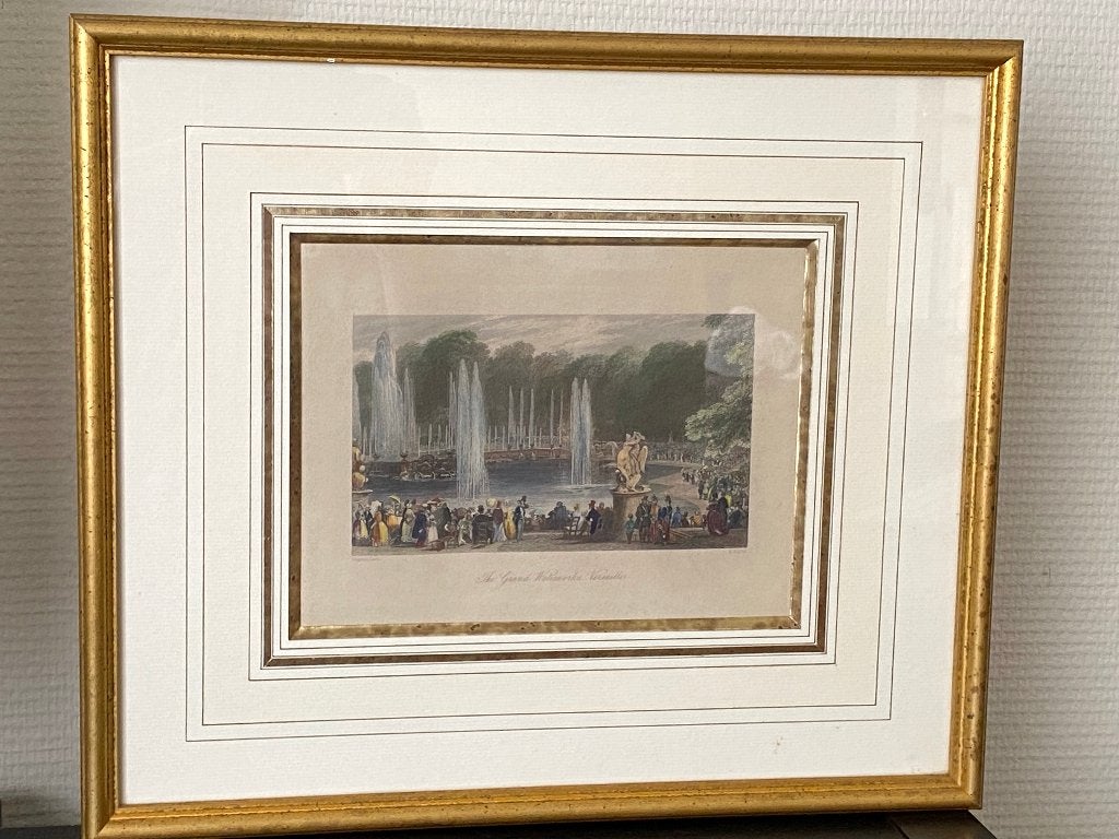Gravures Anglaise Encadrée du 19ème Siècle Versailles, Gravure, 38 cm, 33 cm, Architecture