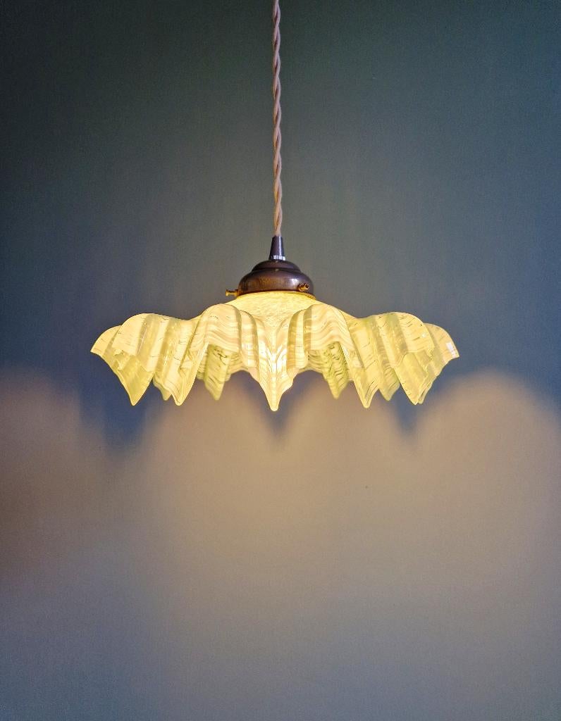 Suspension Art Déco en verre plissé moucheté vert et blanc, Enlèvement ou Envoi
