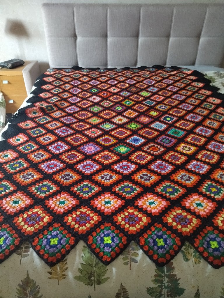 Groot gehaakt oma-deken patchwork, Ophalen, Zwart, Handgemaakt