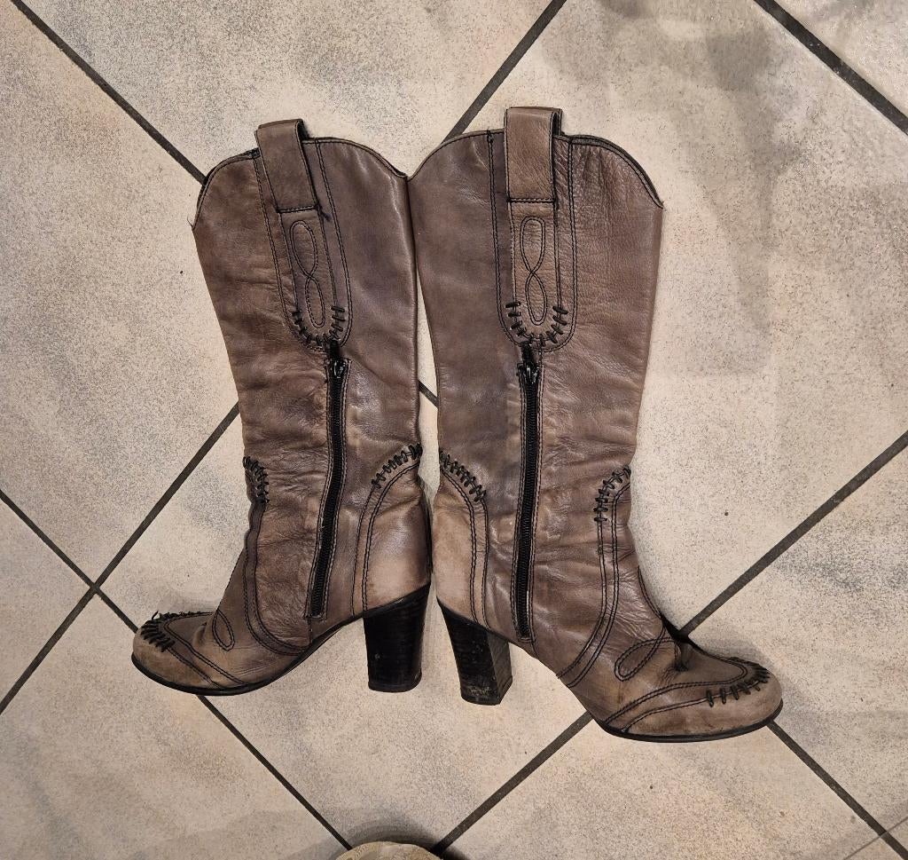 Botte cuir 36 qualité beige brun taupe, cow-boy, tirette, Enlèvement ou Envoi, Inconnue, Brun, Porté