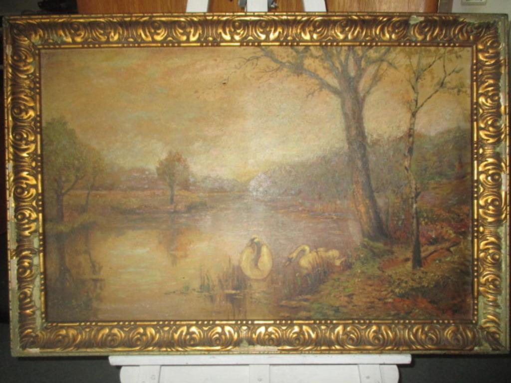 Schilderij "Rivier met twee zwanen", Antiek en Kunst, Ophalen of Verzenden