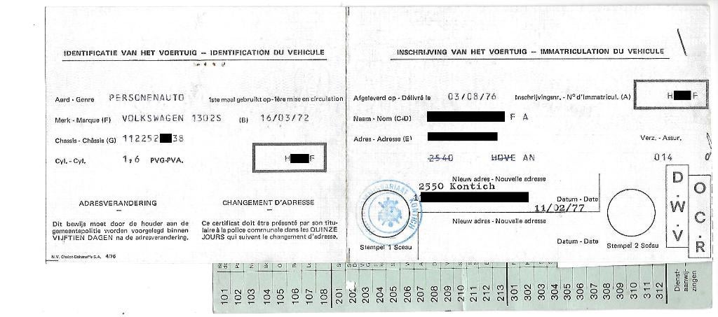 Certificat d'immatriculation  VW   1302S 1302LS GLV, Enlèvement ou Envoi