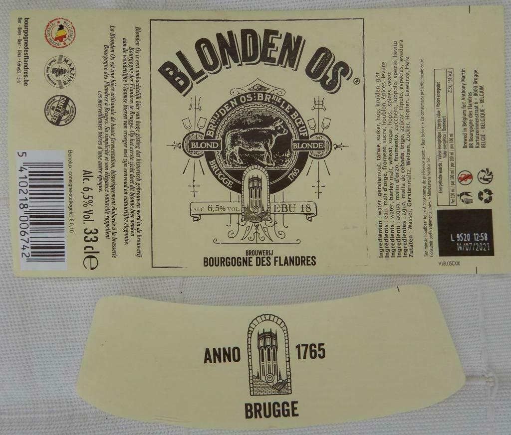 Étiquette de bière Blonden Os Bras. Bourgogne Des Flandr. g4, Enlèvement ou Envoi, Utilisé, Autres types, Autres marques