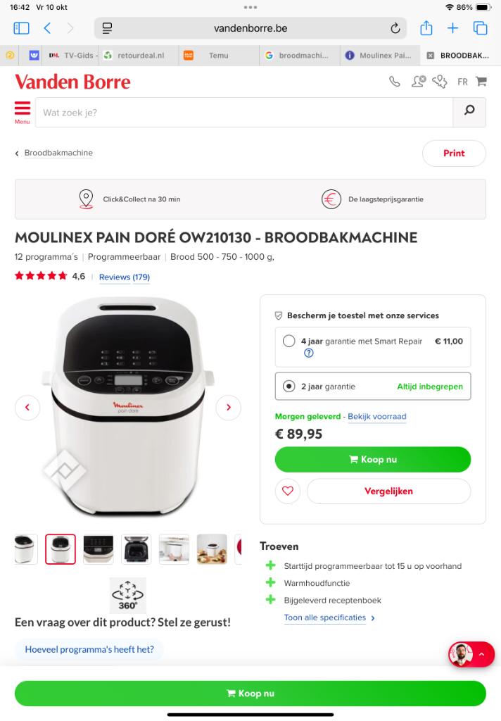 Broodbakmachine, Meer dan 10 programma's, 800 tot 1200 gram deeg, Zo goed als nieuw, Ophalen