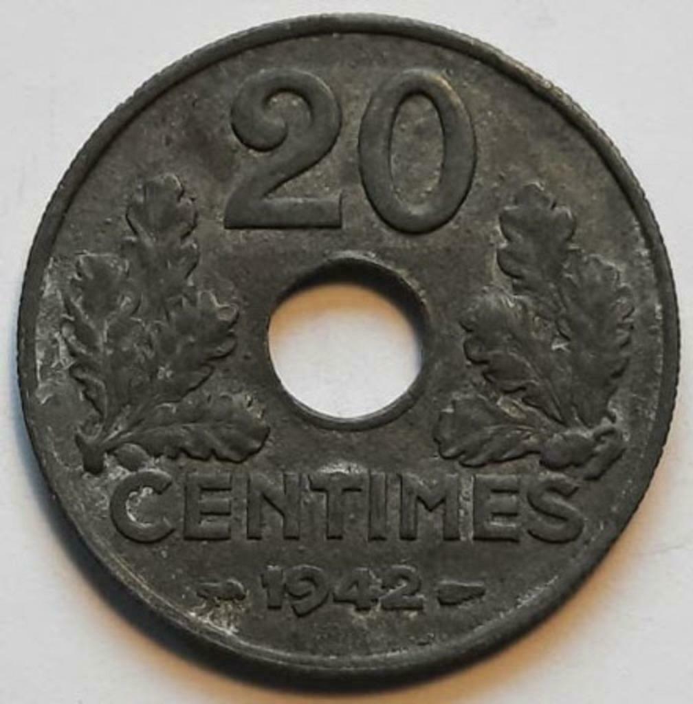 Frankrijk - 20 centimes - 1942, Ophalen of Verzenden, Frankrijk, Losse munt