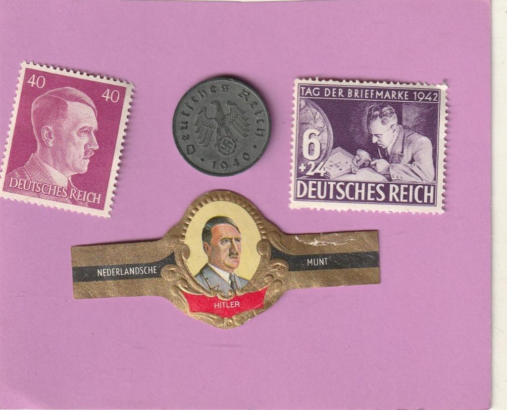 lot de 4 pièces d'Hitler, pièce de 2 timbres estampillée de, Envoi, Allemagne, Monnaie en vrac