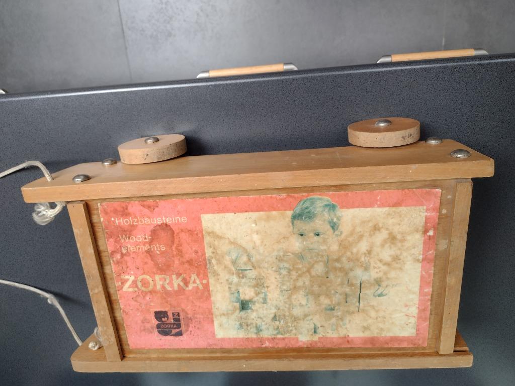 retro houten karretje met blokjes, Ophalen, Gebruikt