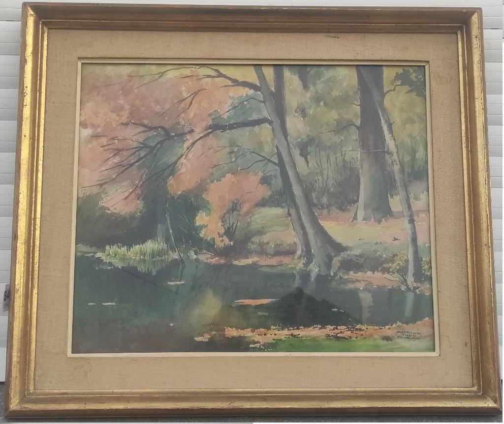 aquarelle bord d etang signe theo dirkx, Antiek en Kunst, Kunst | Schilderijen | Klassiek, Ophalen of Verzenden