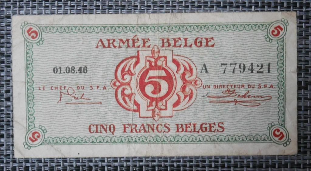 Bankbiljet 5 Francs België 01.08.46, Ophalen of Verzenden, België, Setje