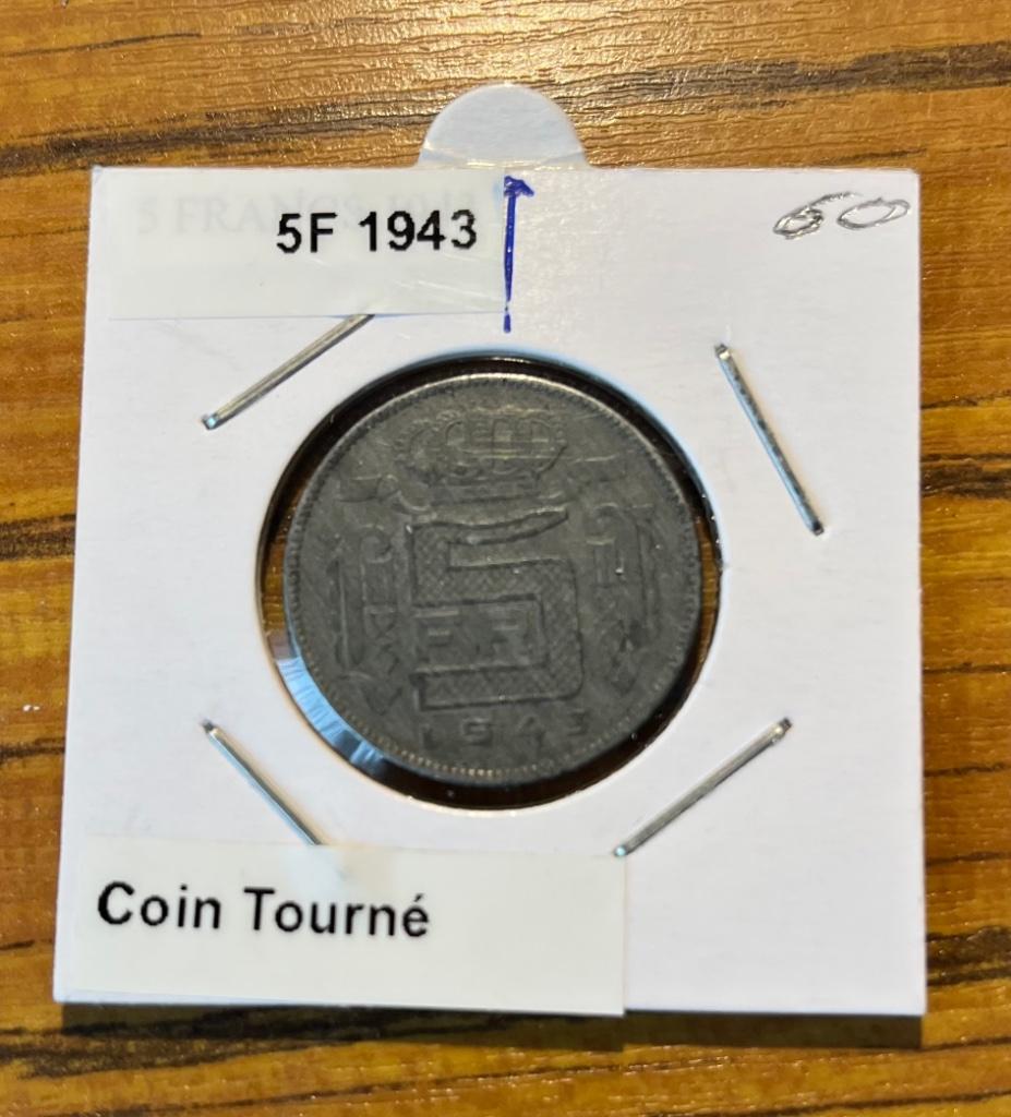 * PIECE FAUTEE _ BELGIQUE _ 5 FRANCS 1943 _ COIN TOURNE *, Ophalen of Verzenden