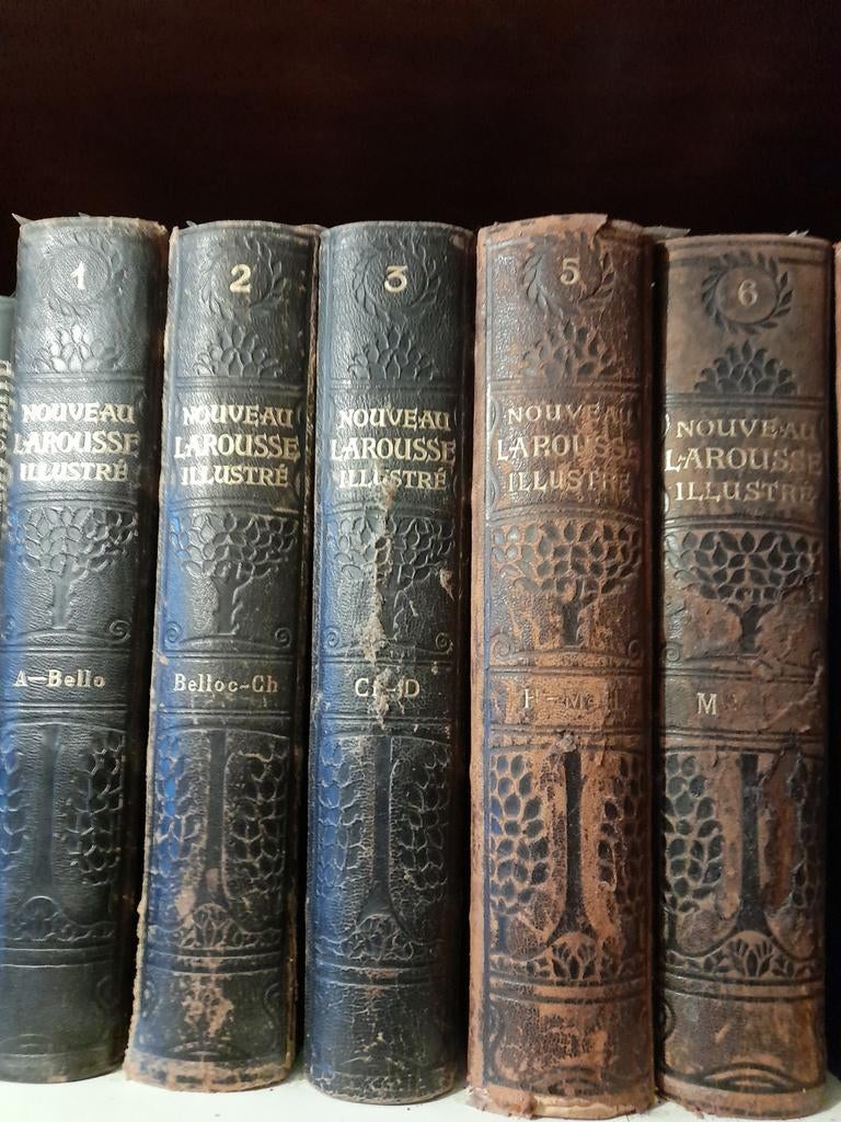 Ancien Larousse illustré - sinqs tomes relié cuir, Ophalen