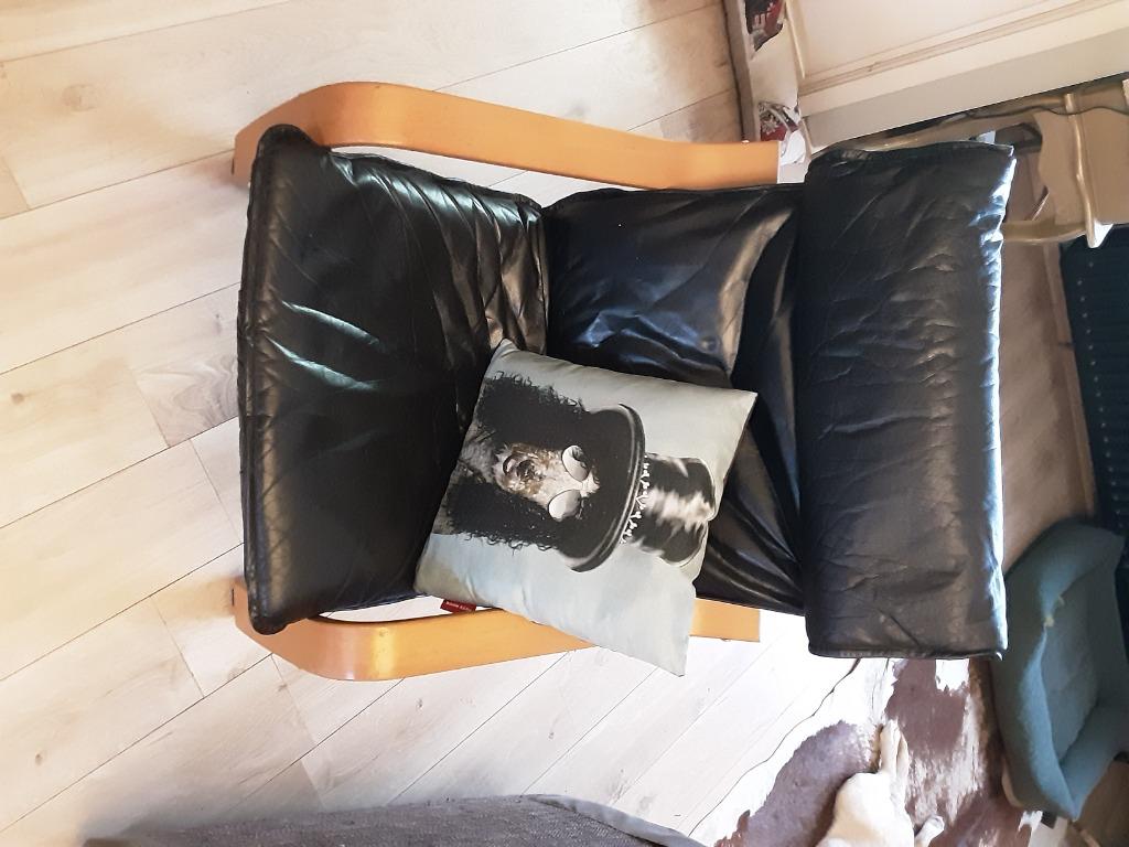 Ikea poang zetel met lederen kussen, Huis en Inrichting, Fauteuils, Ophalen, Gebruikt, Minder dan 75 cm, Leer