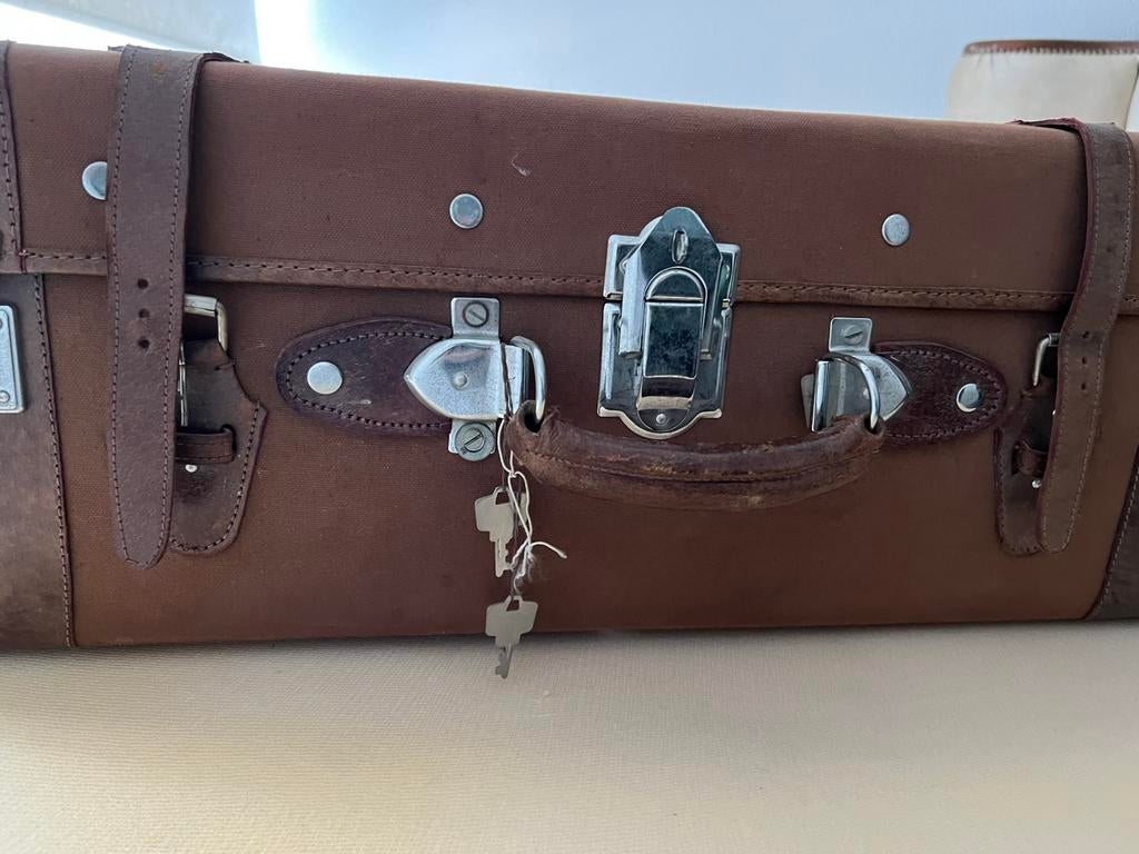 Oude canvas vintage koffer met echt leren accenten, Enlèvement, Utilisé