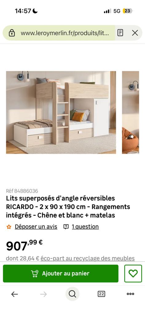 Lit superposé d’angle RICARDO 90x190 + matelas, Enlèvement, Comme neuf