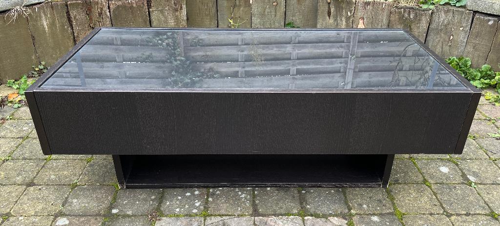 Ikea Ramvik salontafel met glazen blad en 2 lades, Ophalen, Gebruikt, Strak modern Ikea, 100 tot 150 cm