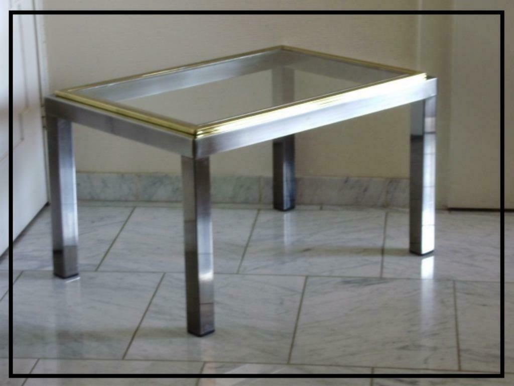 VINTAGE salontafel in geborsteld metaal en goudkleurige band, Verre, Moins de 50 cm, DESIGN VINTAGE, 50 à 100 cm