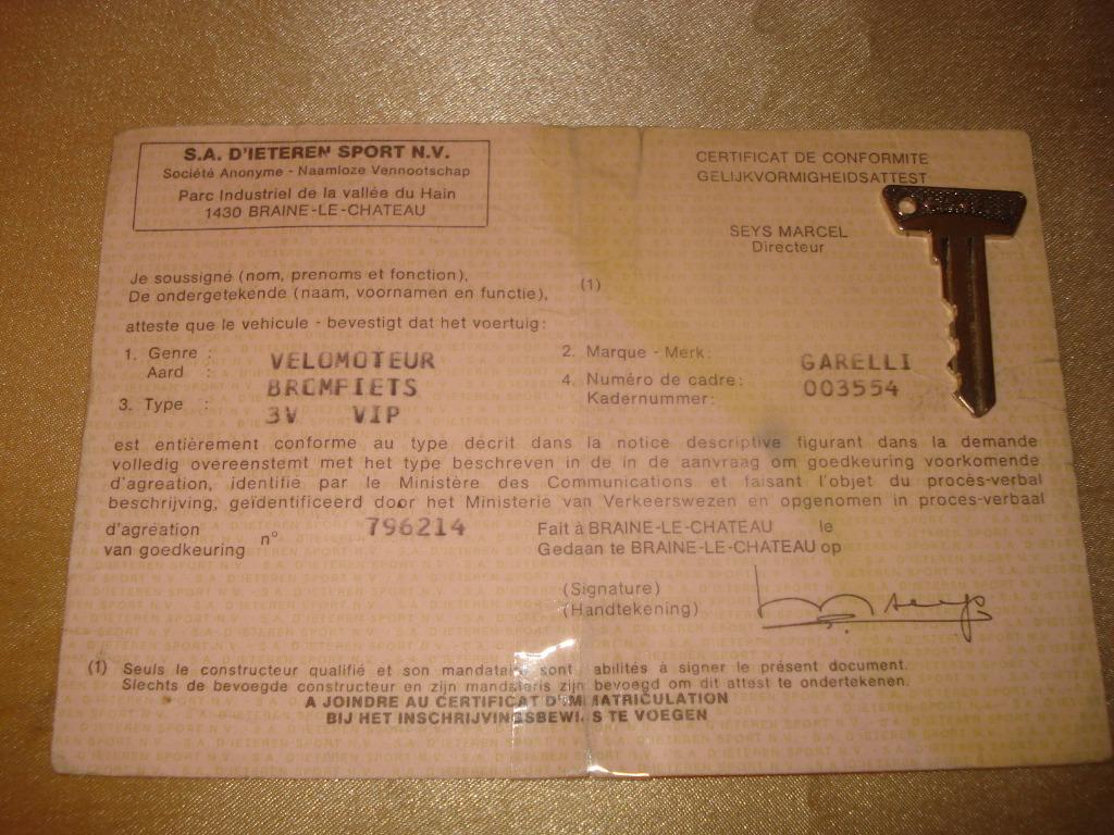 Ancien Certificat de Conformité Vélomoteur Garelli 3V + Clé, Motoren, Ophalen of Verzenden, Overige merken