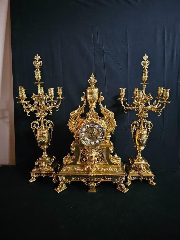 (37) Antieke Franse bronzen klok Regency-stijl + kandelaars, Antiek en Kunst, Ophalen of Verzenden